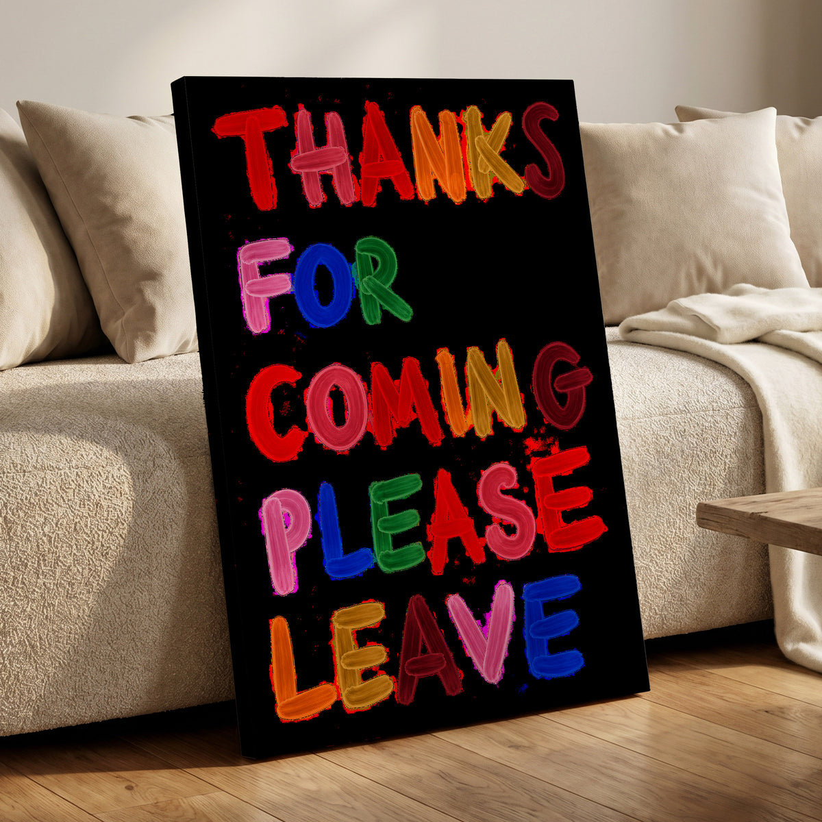 Thanks, Now Please Leave, black, red, pink abstract wall art displayed in a styled interior, gallery view 7