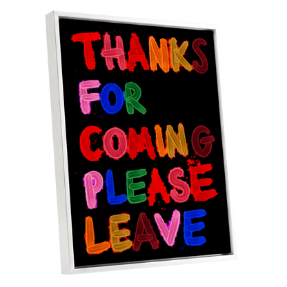 Thanks, Now Please Leave, black, red, pink abstract wall art shown as a white framed canvas wall art