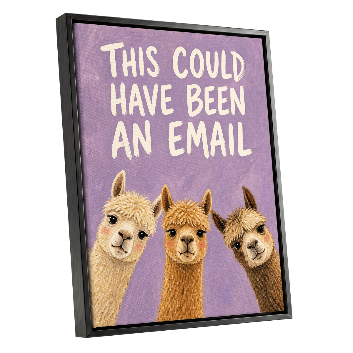 The Alpaca Email Club, purple, beige, brown nature wall art shown as a black framed canvas wall art