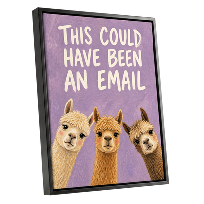 The Alpaca Email Club, purple, beige, brown nature wall art shown as a black framed canvas wall art