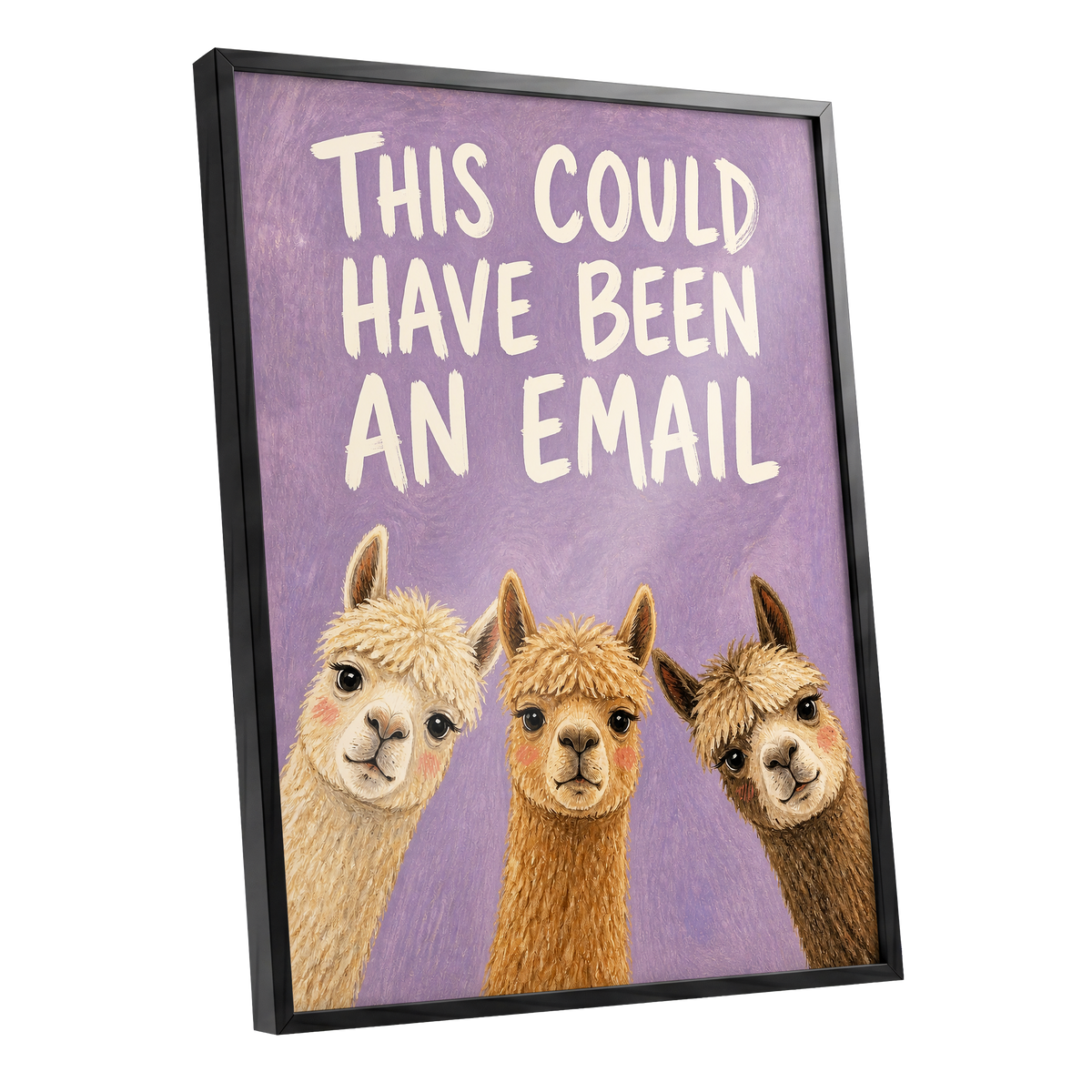 The Alpaca Email Club, purple, beige, brown nature wall art shown as a black framed poster wall art print