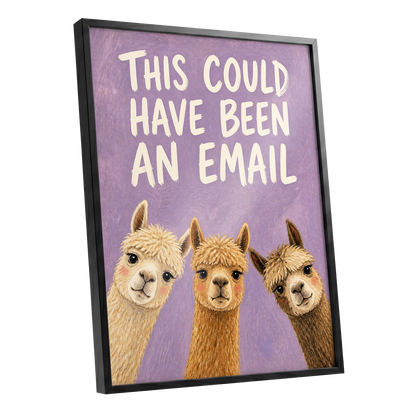 The Alpaca Email Club, purple, beige, brown nature wall art shown as a black framed poster wall art print