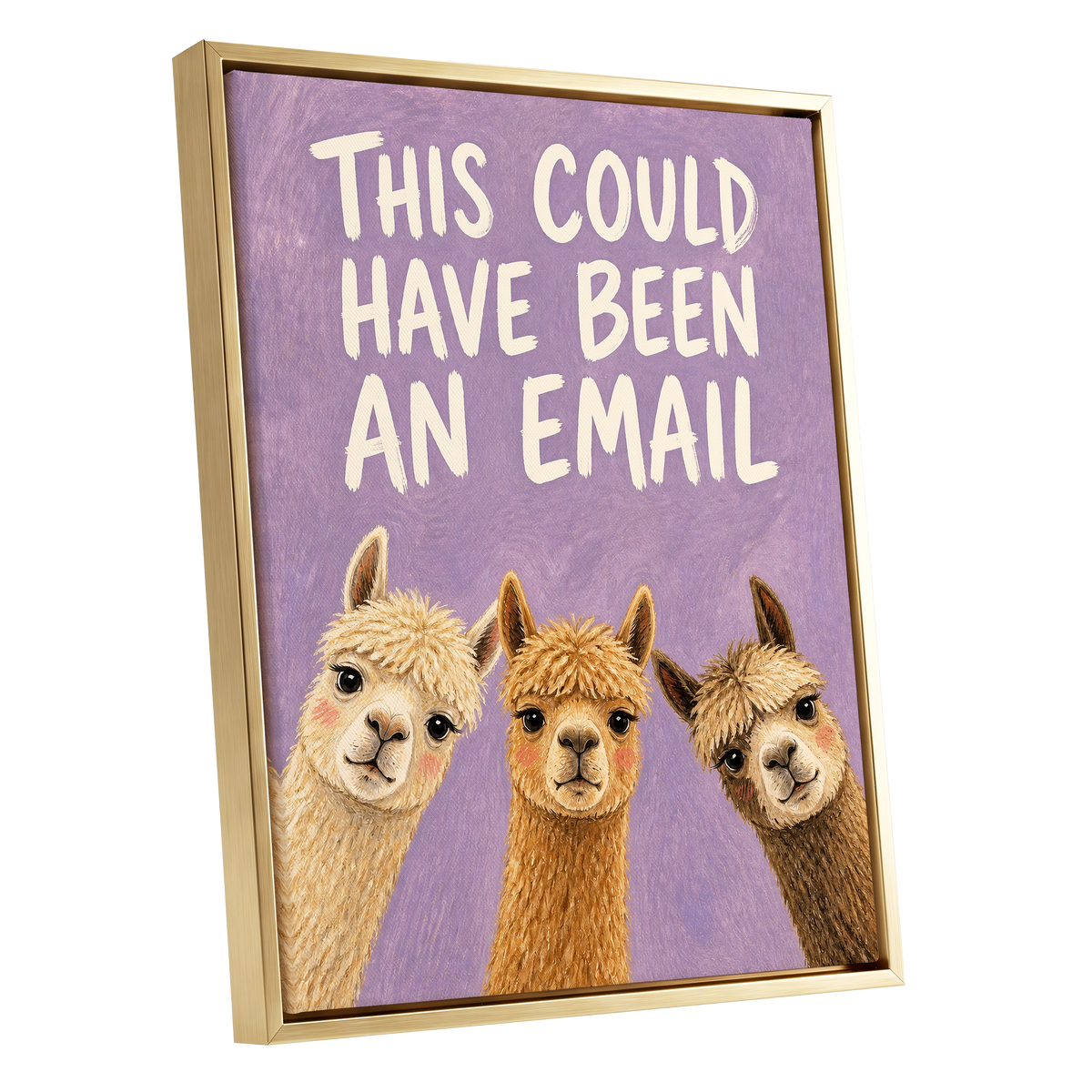The Alpaca Email Club, purple, beige, brown nature wall art shown as a gold framed canvas wall art