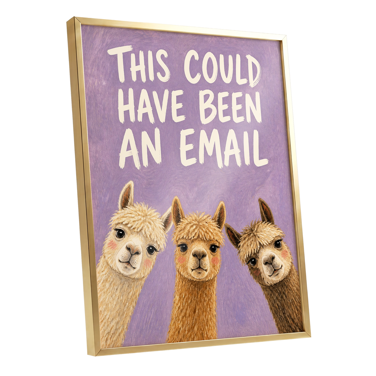 The Alpaca Email Club, purple, beige, brown nature wall art shown as a gold framed poster wall art print