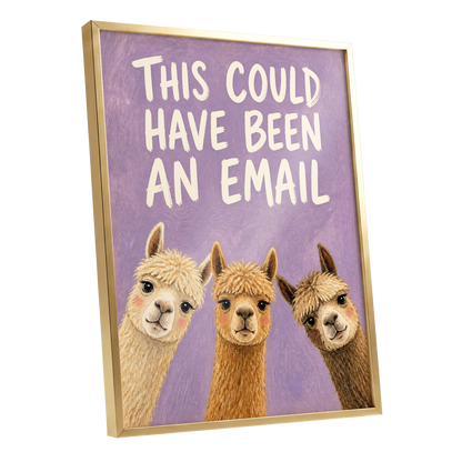 The Alpaca Email Club, purple, beige, brown nature wall art shown as a gold framed poster wall art print