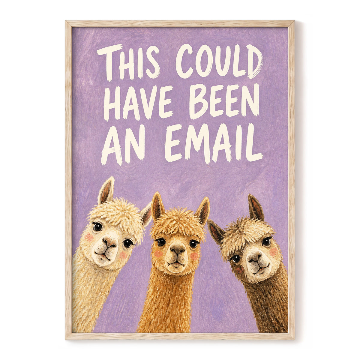The Alpaca Email Club, purple, beige, brown nature wall art, front artwork view