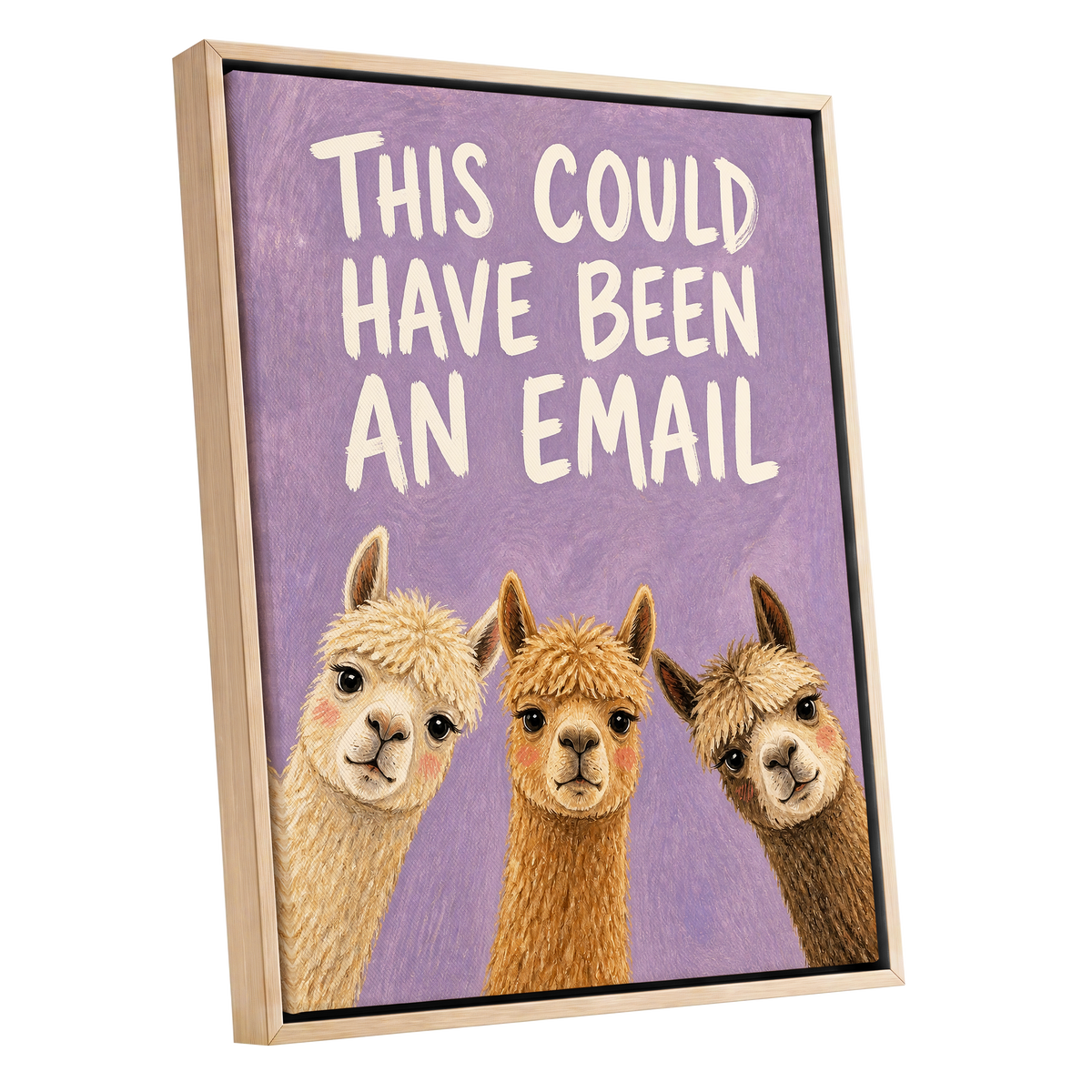 The Alpaca Email Club, purple, beige, brown nature wall art shown as a oak framed canvas wall art
