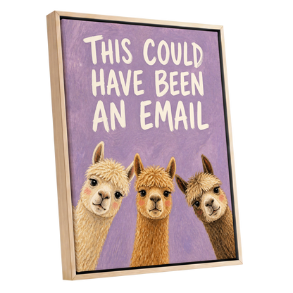 The Alpaca Email Club, purple, beige, brown nature wall art shown as a oak framed canvas wall art