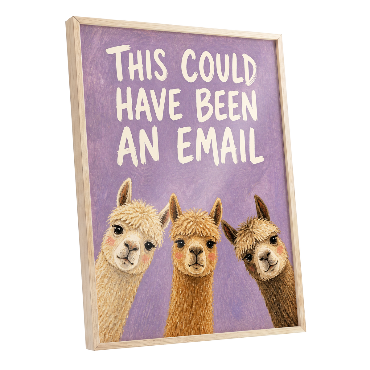 The Alpaca Email Club, purple, beige, brown nature wall art shown as a oak framed poster wall art print