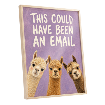The Alpaca Email Club, purple, beige, brown nature wall art shown as a oak framed poster wall art print