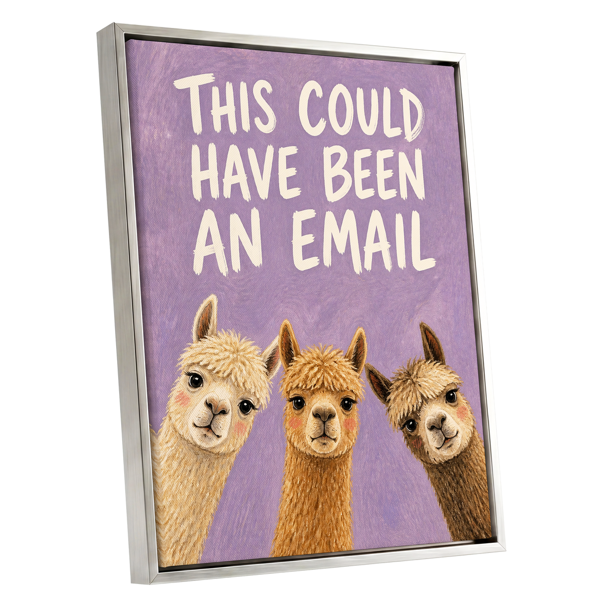 The Alpaca Email Club, purple, beige, brown nature wall art shown as a silver framed canvas wall art