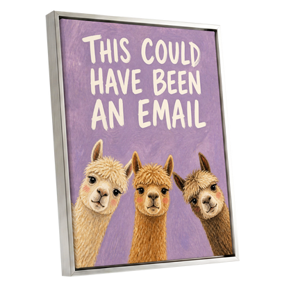 The Alpaca Email Club, purple, beige, brown nature wall art shown as a silver framed canvas wall art