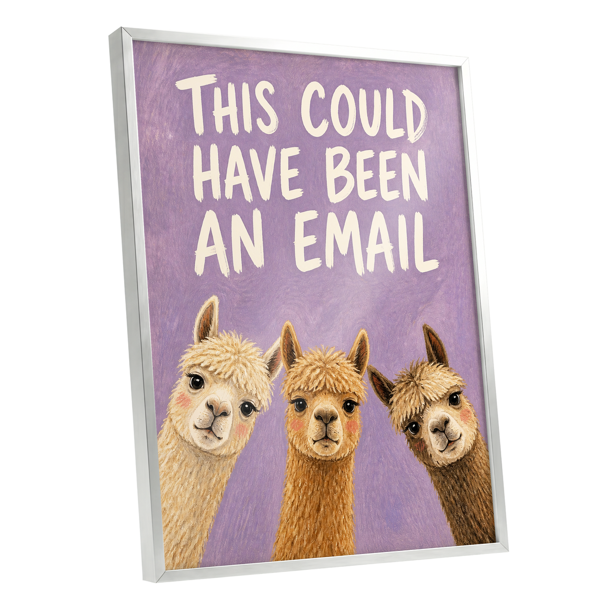 The Alpaca Email Club, purple, beige, brown nature wall art shown as a silver framed poster wall art print