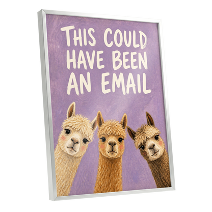 The Alpaca Email Club, purple, beige, brown nature wall art shown as a silver framed poster wall art print