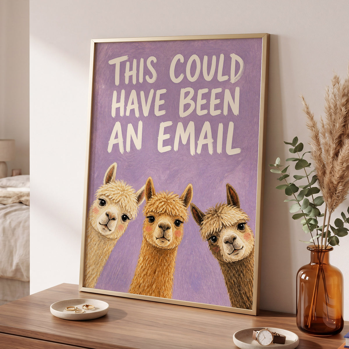 The Alpaca Email Club, purple, beige, brown nature wall art displayed in a styled interior, gallery view 2