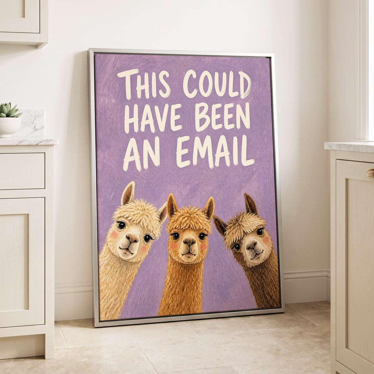 The Alpaca Email Club, purple, beige, brown nature wall art displayed in a styled interior, gallery view 4