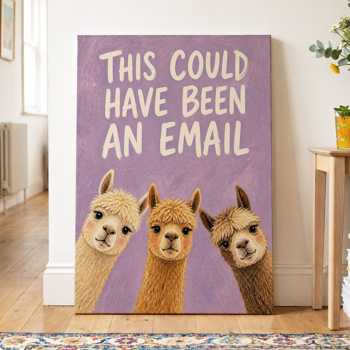 The Alpaca Email Club, purple, beige, brown nature wall art displayed in a styled interior, gallery view 7
