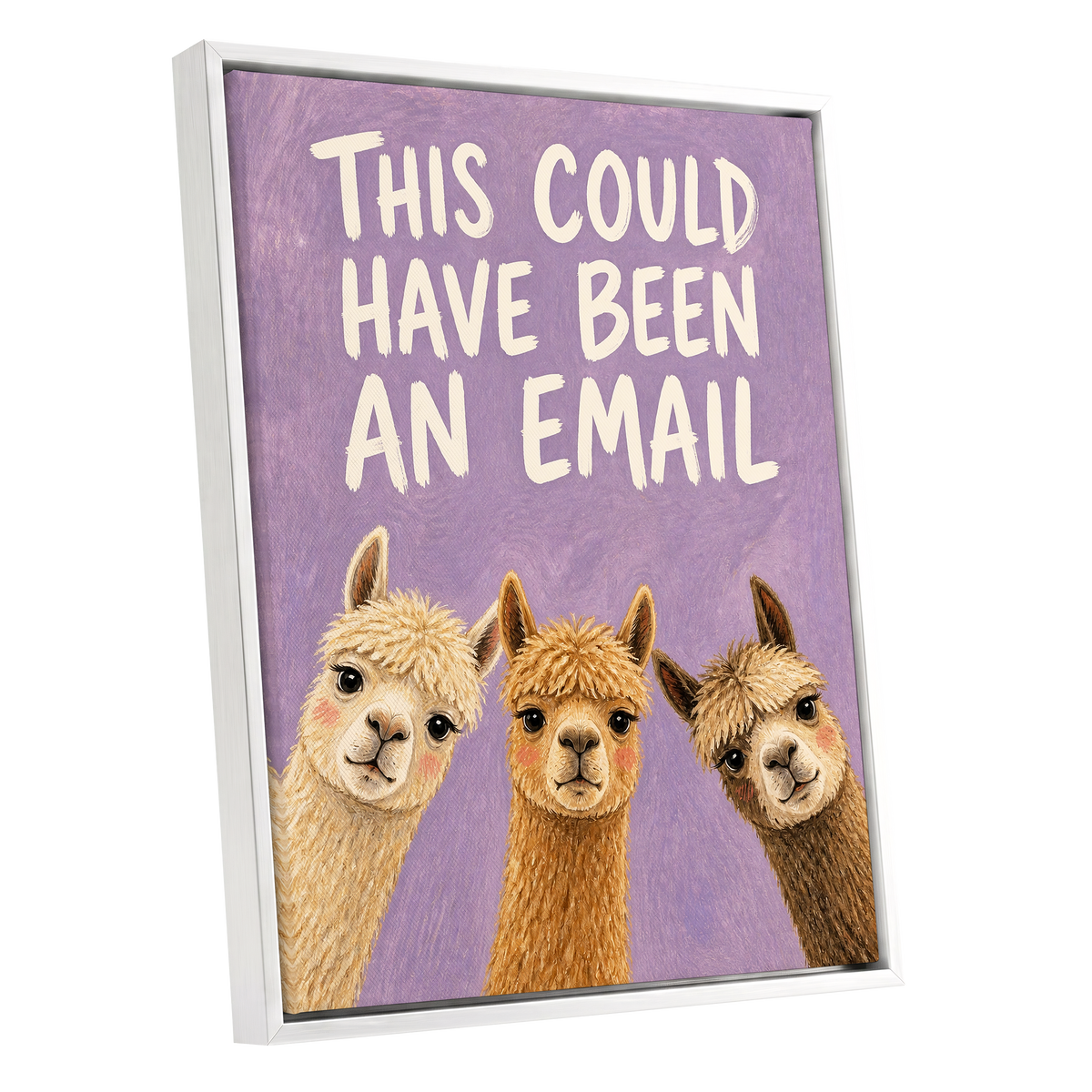 The Alpaca Email Club, purple, beige, brown nature wall art shown as a white framed canvas wall art