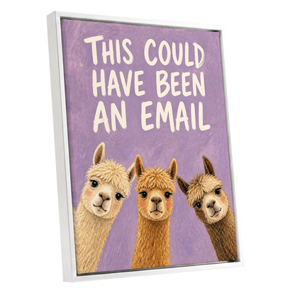 The Alpaca Email Club, purple, beige, brown nature wall art shown as a white framed canvas wall art