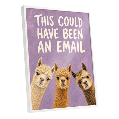 The Alpaca Email Club, purple, beige, brown nature wall art shown as a white framed poster wall art print