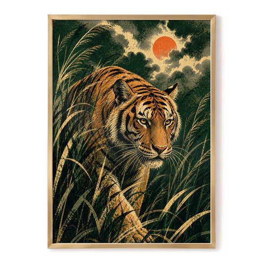 The Amber Prowler, green, orange, black nature wall art, front artwork view