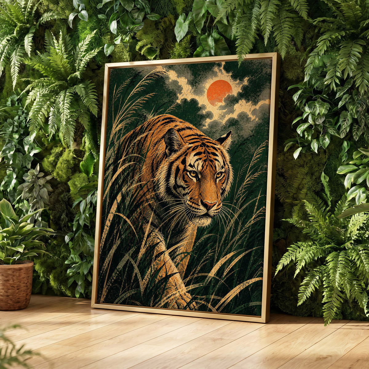 The Amber Prowler, green, orange, black nature wall art displayed in a styled interior, gallery view 4