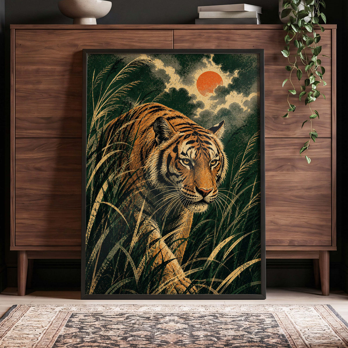The Amber Prowler, green, orange, black nature wall art displayed in a styled interior, gallery view 6