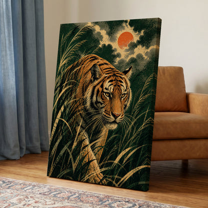 The Amber Prowler, green, orange, black nature wall art displayed in a styled interior, gallery view 7