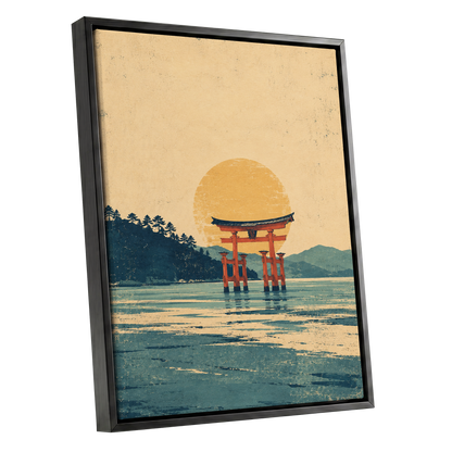 The Amber Torii, beige, gold, blue nature wall art shown as a black framed canvas wall art