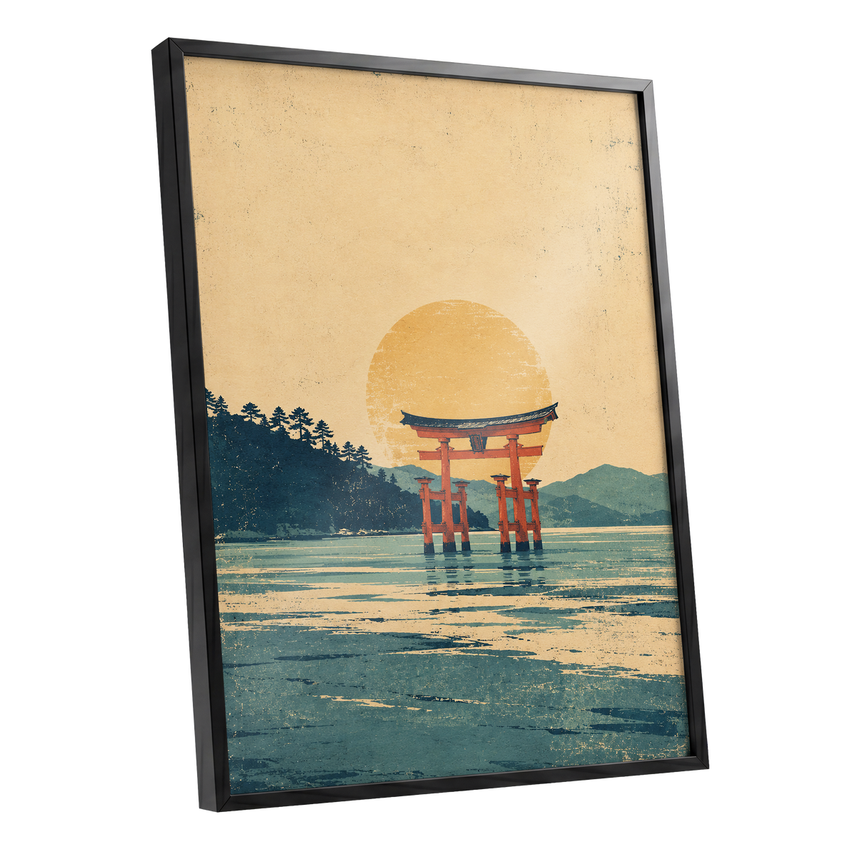 The Amber Torii, beige, gold, blue nature wall art shown as a black framed poster wall art print
