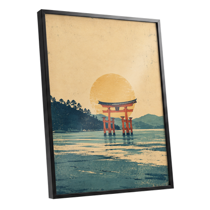 The Amber Torii, beige, gold, blue nature wall art shown as a black framed poster wall art print