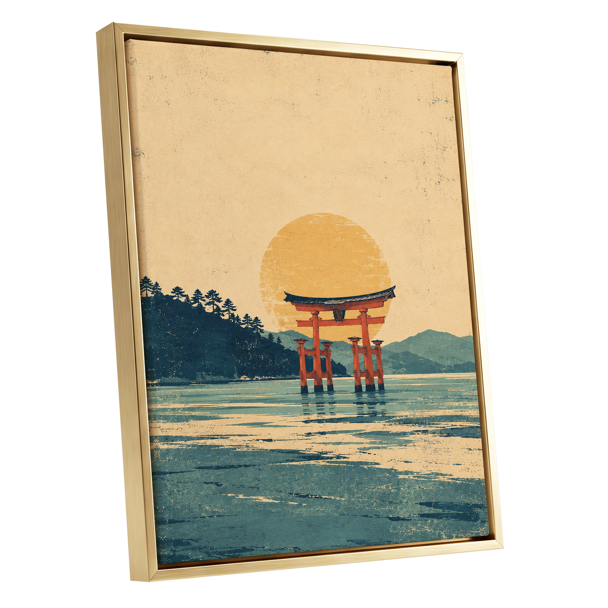 The Amber Torii, beige, gold, blue nature wall art shown as a gold framed canvas wall art