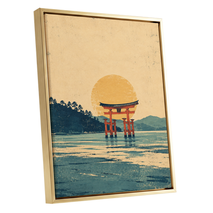 The Amber Torii, beige, gold, blue nature wall art shown as a gold framed canvas wall art
