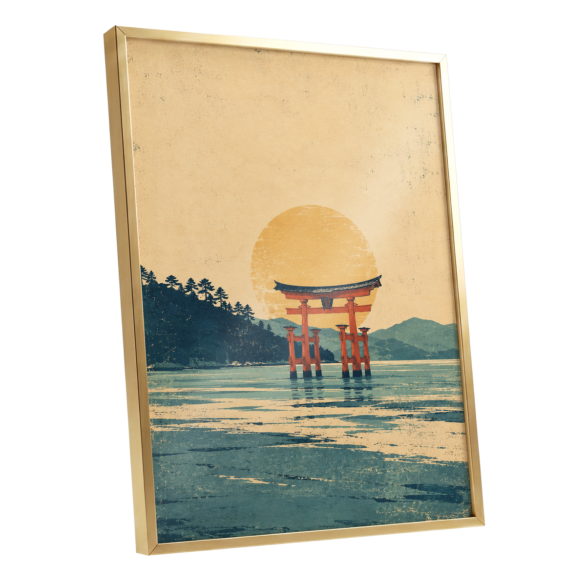 The Amber Torii, beige, gold, blue nature wall art shown as a gold framed poster wall art print
