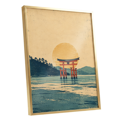 The Amber Torii, beige, gold, blue nature wall art shown as a gold framed poster wall art print
