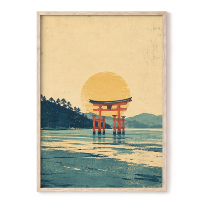 The Amber Torii, beige, gold, blue nature wall art, front artwork view