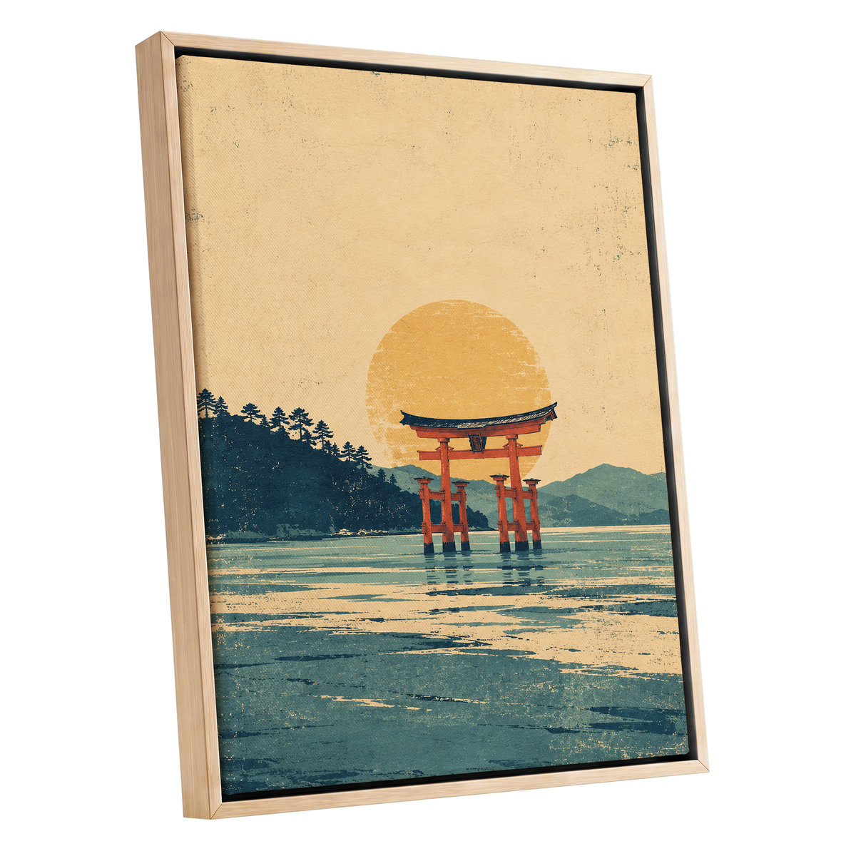 The Amber Torii, beige, gold, blue nature wall art shown as a oak framed canvas wall art
