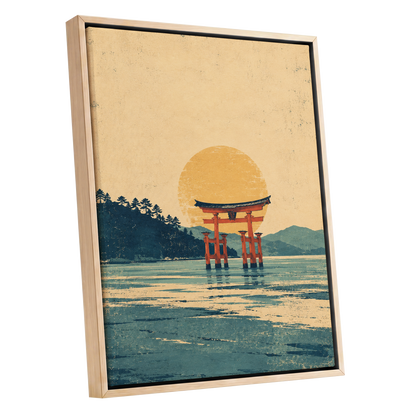 The Amber Torii, beige, gold, blue nature wall art shown as a oak framed canvas wall art
