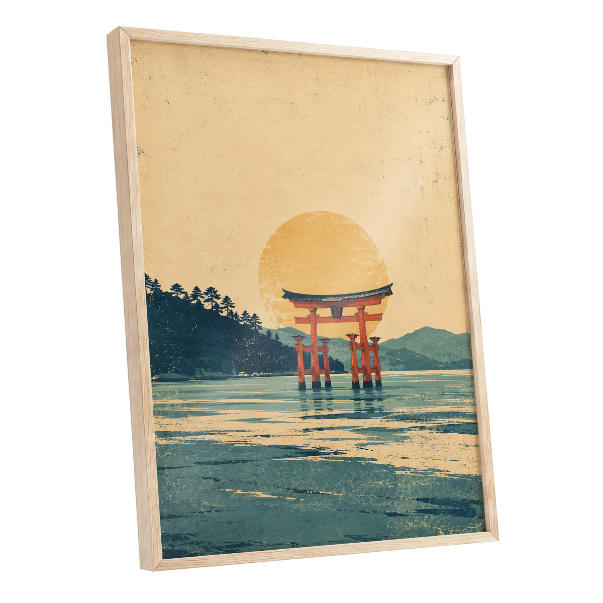 The Amber Torii, beige, gold, blue nature wall art shown as a oak framed poster wall art print
