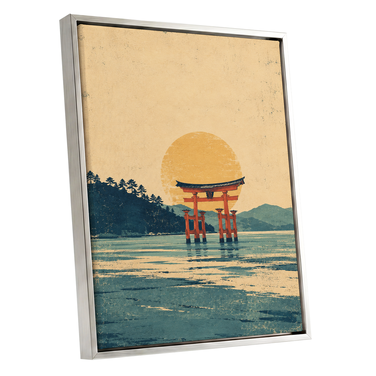 The Amber Torii, beige, gold, blue nature wall art shown as a silver framed canvas wall art