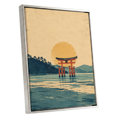 The Amber Torii, beige, gold, blue nature wall art shown as a silver framed canvas wall art