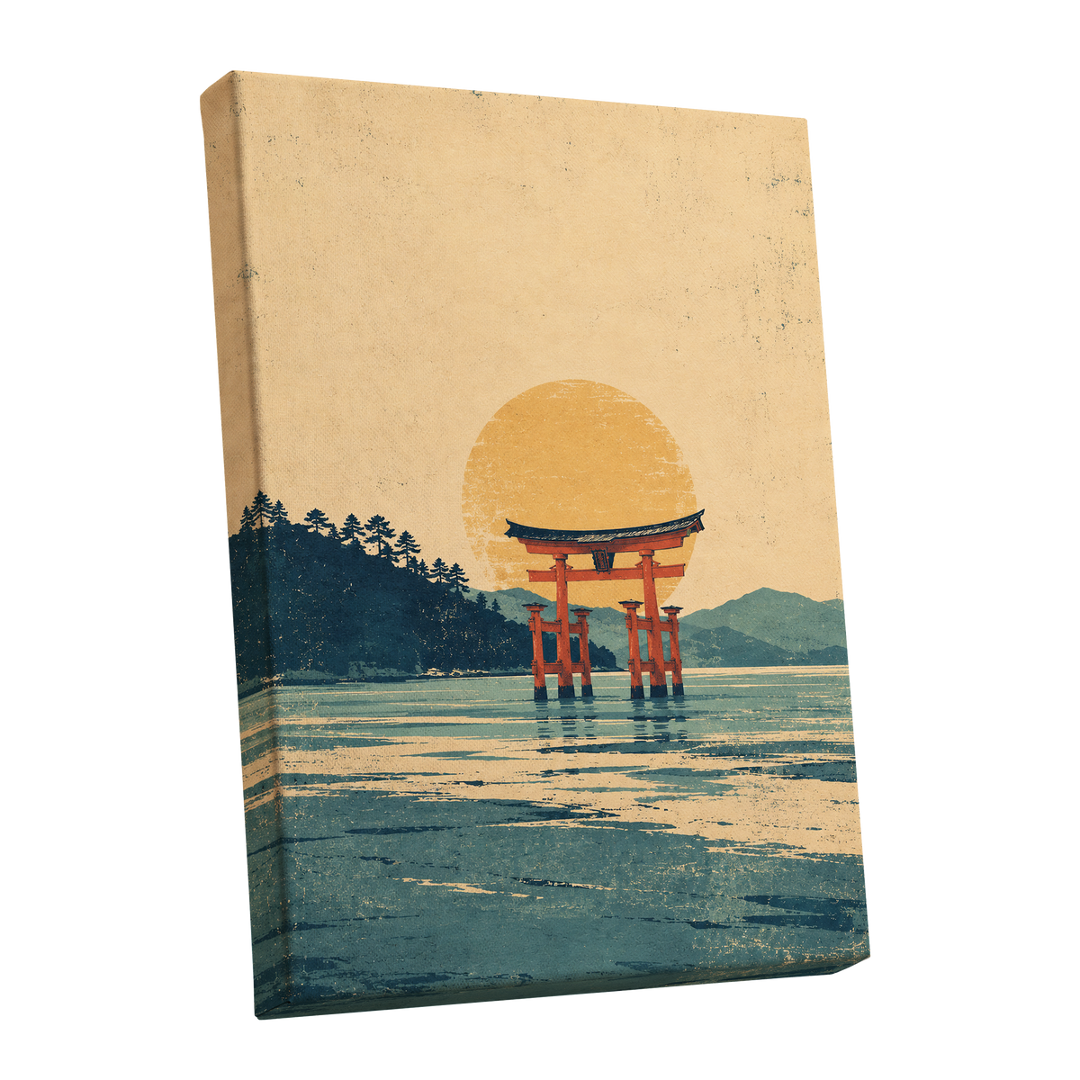 The Amber Torii, beige, gold, blue nature wall art shown as a stretched canvas wall art