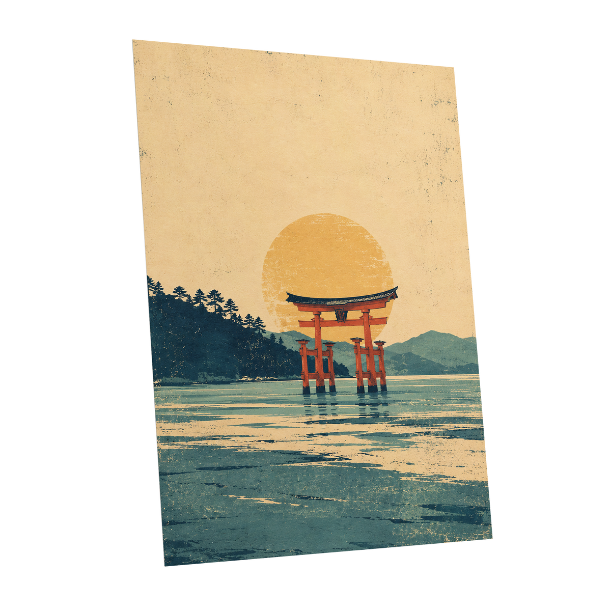 The Amber Torii, beige, gold, blue nature wall art shown as a unframed poster wall art print
