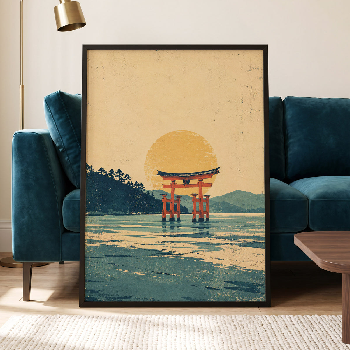 The Amber Torii, beige, gold, blue nature wall art displayed in a styled interior, gallery view 2