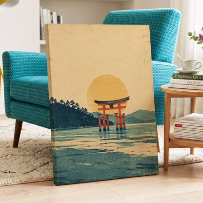 The Amber Torii, beige, gold, blue nature wall art displayed in a styled interior, gallery view 3