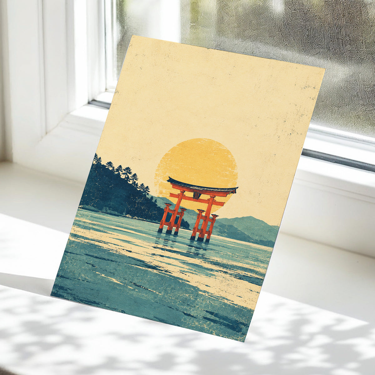 The Amber Torii, beige, gold, blue nature wall art displayed in a styled interior, gallery view 5
