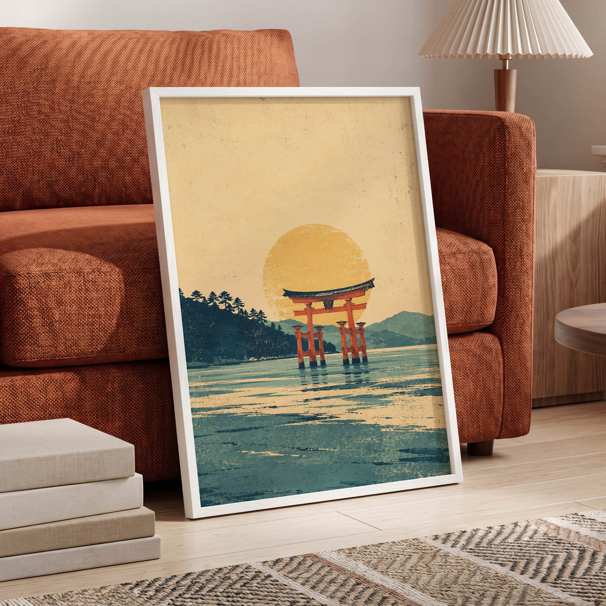 The Amber Torii, beige, gold, blue nature wall art displayed in a styled interior, gallery view 6