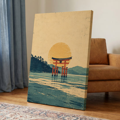 The Amber Torii, beige, gold, blue nature wall art displayed in a styled interior, gallery view 7