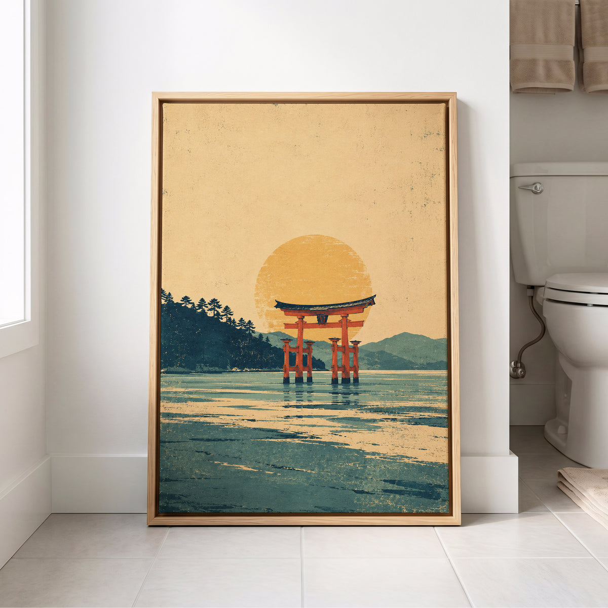 The Amber Torii, beige, gold, blue nature wall art displayed in a styled interior, gallery view 8