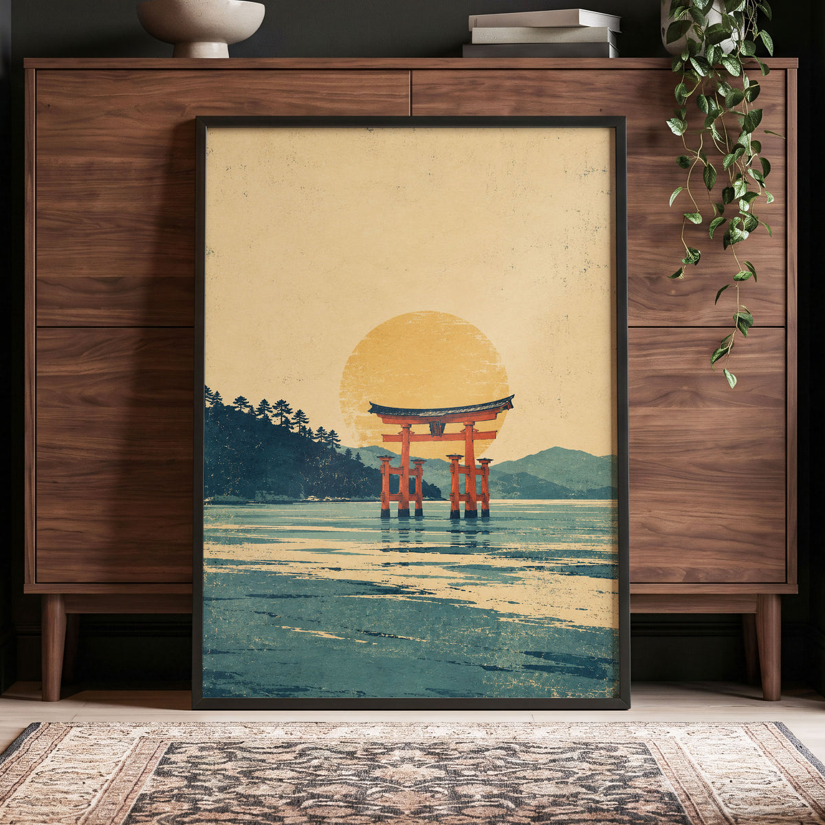 The Amber Torii, beige, gold, blue nature wall art displayed in a styled interior, gallery view 9
